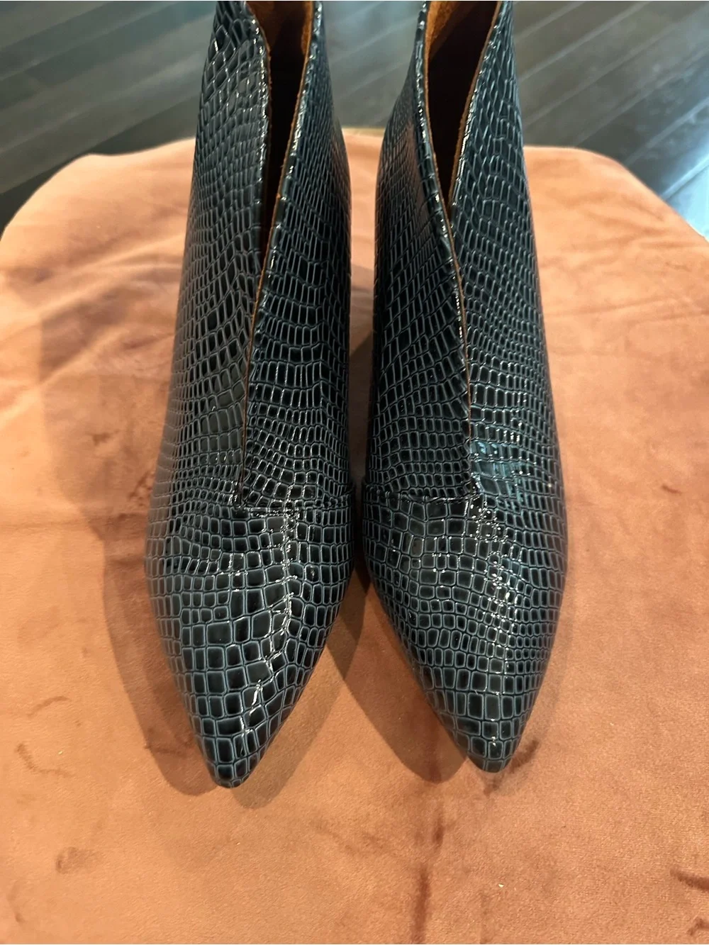 Pointed Toe Women's Ankle Boots in Black Croc-Embossed Leather